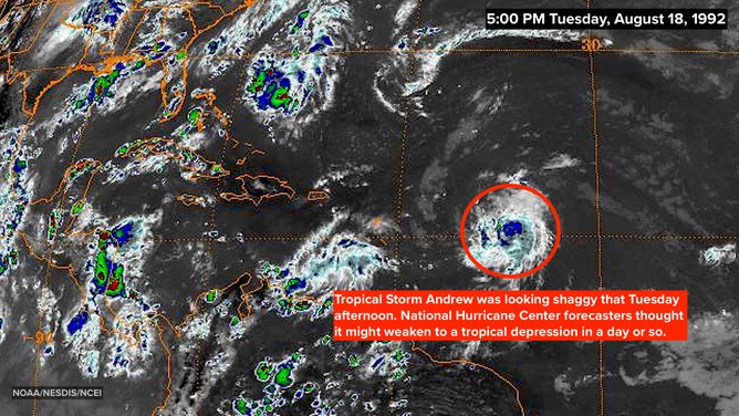 Andrew satellite image on August 18, 1992 at 5:00 P.M. EDT