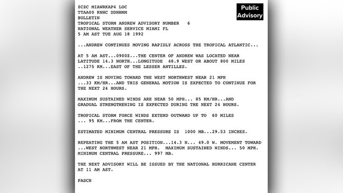 National Hurricane Center public advisory from August 18, 1992 for Tropical Storm Andrew