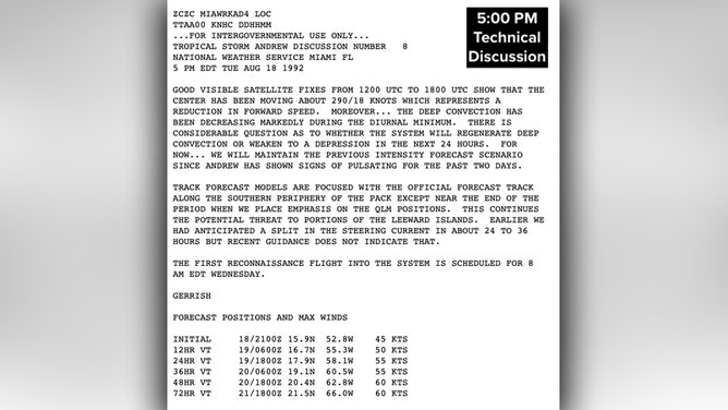 National Hurricane Center technical discussion from August 18, 1992 for Tropical Storm Andrew