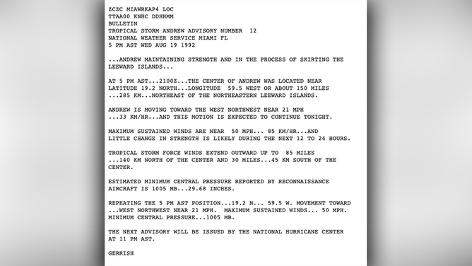 National Hurricane Center public advisory from August 19, 1992 for Tropical Storm Andrew