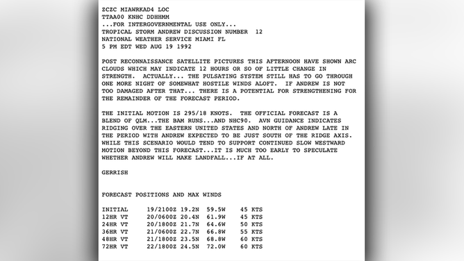 National Hurricane Center technical discussion from August 19, 1992 for Tropical Storm Andrew