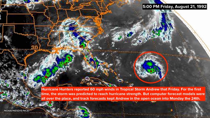 Andrew satellite image on August 21, 1992 at 5:00 P.M. EDT