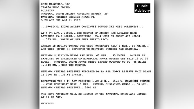 National Hurricane Center public advisory from August 21, 1992 for Tropical Storm Andrew