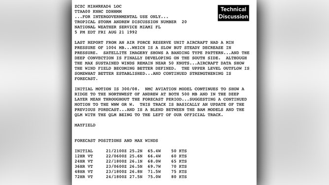 National Hurricane Center technical discussion from August 21, 1992 for Tropical Storm Andrew