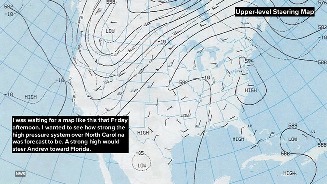 Weather map from August 21, 1992 showing high- and low-pressure systems