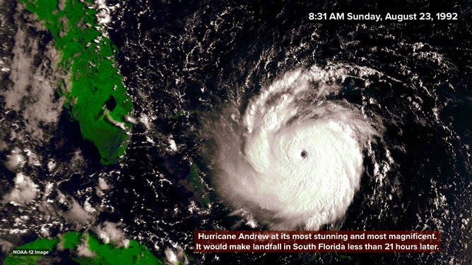 Satellite image of Andrew on August 23, 1992 at 8:31 a.m. EDT