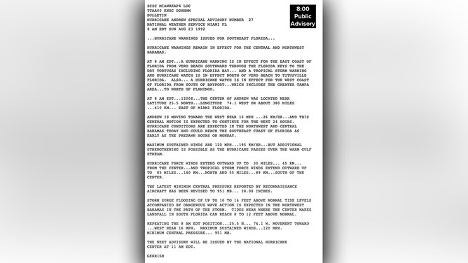 National Hurricane Center public advisory from August 23, 1992 for Hurricane Andrew