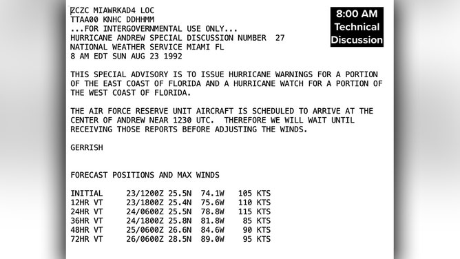 National Hurricane Center technical discussion from August 23, 1992 for Hurricane Andrew