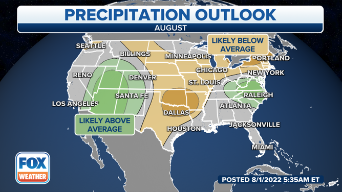 Areas shaded in tan and brown have a likelihood of seeing below-average rainfall in August.