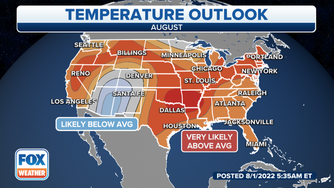 Areas shaded in orange and red have a likelihood of seeing above-average temperatures in August.