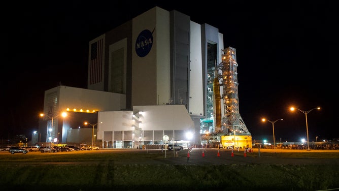 NASA's Space Launch System rocket and Orion spacecraft make the journey to Kennedy Space Center launchpad 39B on Aug. 16, 2022.