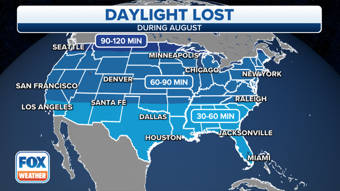 The various blue shadings depict how much daylight is lost between Aug. 1 and Aug. 31. (Data: Brian Brettschneider)