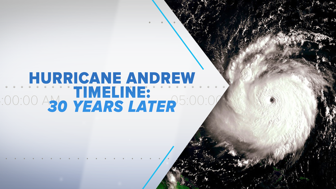 Satellite image of Hurricane Andrew with text that reads 'Hurricane Andrew Timeline: 30 Years Later'