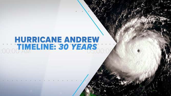 Satellite image of Hurricane Andrew with text that reads ‘Hurricane Andrew Timeline: 30 Years