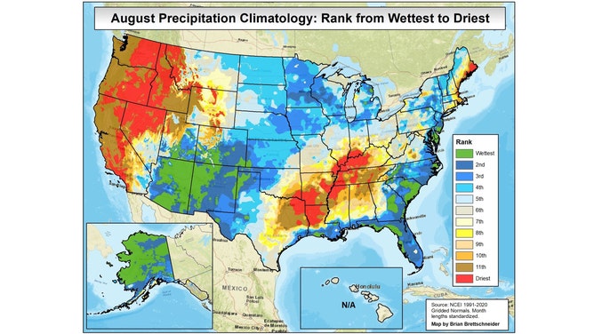 This map shows where August ranks on the scale of the wettest and driest months based on the 30-year period from 1991 to 2020. For areas shaded in green, August is the wettest month of the year. For areas shaded in red, August is the driest month of the year.