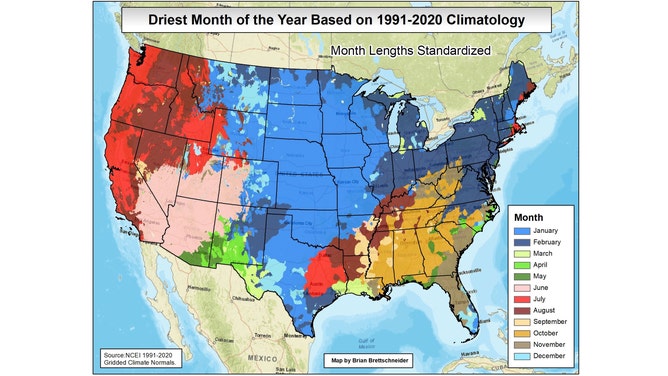 This map shows which month is the driest of the year based on the 30-year period from 1991 to 2020. August is the driest month of the year for some parts of the Ohio and Mississippi valleys and the interior West and Northwest.