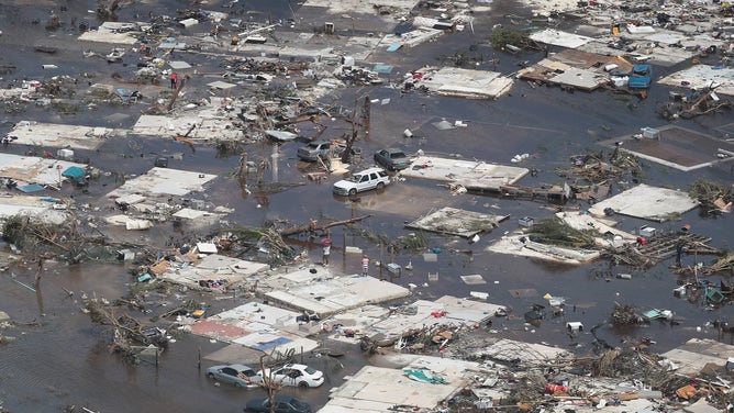 Houses were wiped off of their foundation by Hurricane Dorian. This is an aerial view in Marsh Harbour on Great Abaco Island on September 4, 2019 in Great Abaco, Bahamas.