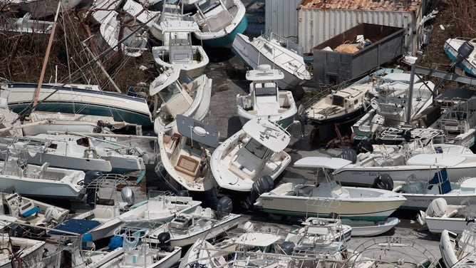 Boats are piled high after Hurricane Dorian swept through the Bahamas in September 2019.