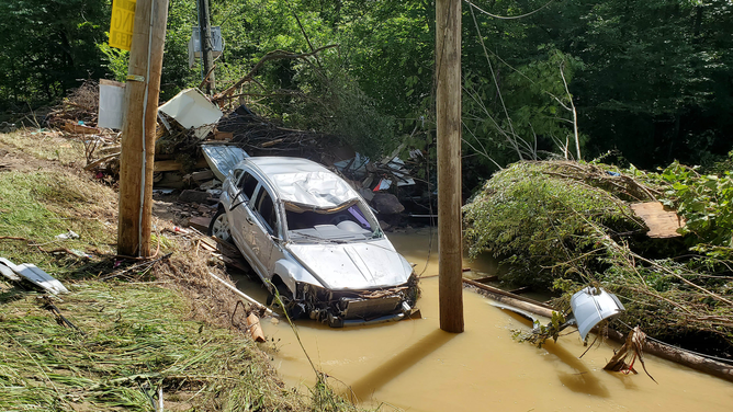 Photo taken on July 30, 2022 shows a car destroyed by heavy rain-caused flooding in Central Appalachia in Kentucky.