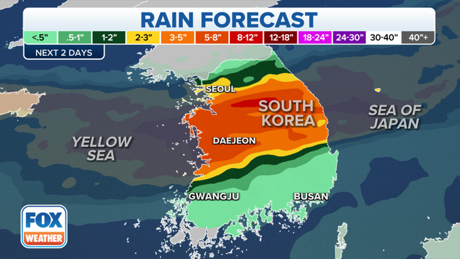 The rain forecast in South Korea over the next two days.