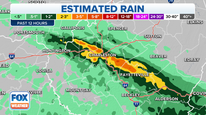 Estimated rainfall totals by the FOX Forecast Center show up to 5 inches in some areas outside Charleston, West Virginia.