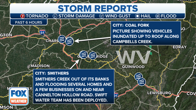 Storm damage reports in West Virginia due to creeks flooding after heavy rainfall.