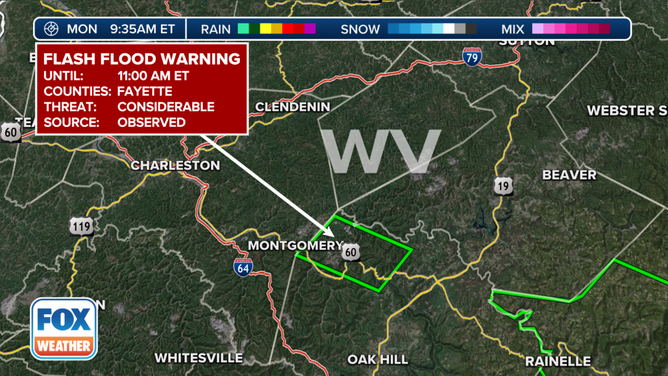 A Flood Warning continues for Fayette County due to heavy rainfall on Aug. 15, 2022.