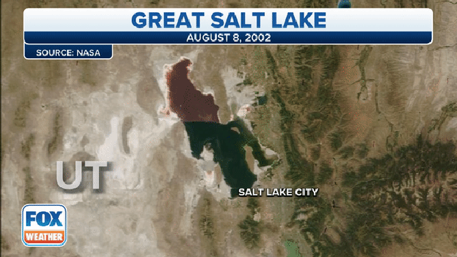 NASA satellite images show the shrinking Great Salt Lake levels over 20 years.