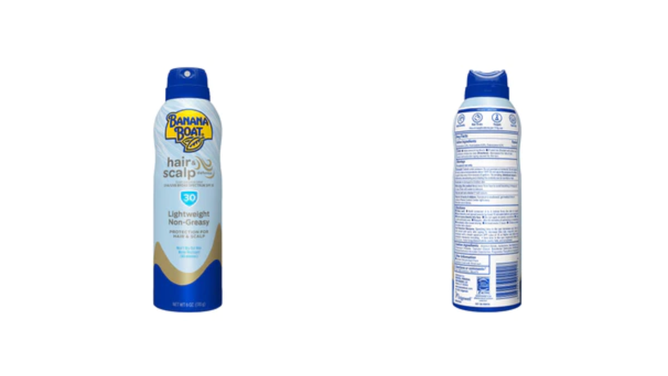 The front and back of a Banana Boat Hair and Scalp Sunscreen Spray bottle.