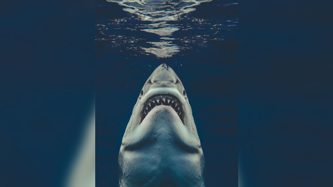 A Great White shark photographed near Guadalupe Island recreated the "Jaws" movie poster art.