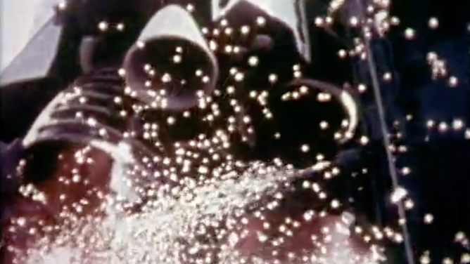 The three Space Shuttle engines of Columbia firing up on April 12, 1981 on STS-1, the inaugural flight of the space shuttle.