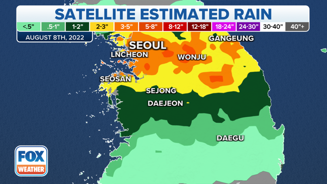 Rainfall totals in South Korea on Monday, Aug. 8.