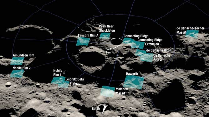 Shown here is a rendering of 13 candidate landing regions for Artemis III. Each region is approximately 9.3 by 9.3 miles (15 by 15 kilometers). A landing site is a location within those regions with an approximate 328-foot (100-meter) radius.