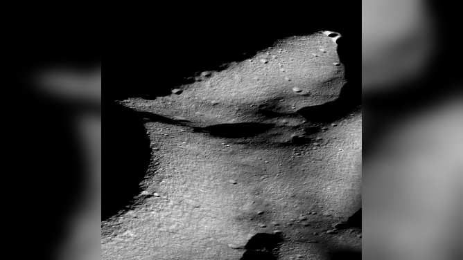 Oblique view of the rim of Shackleton crater (on the left) and the Shackleton - de Gerlache ridge that runs from middle left to upper right. This area is under consideration for the Artemis 3 crewed landing scheduled for 2025.