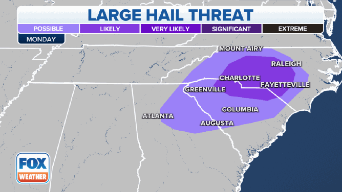 The threat of tornadoes and large hail on Monday, Aug. 15.