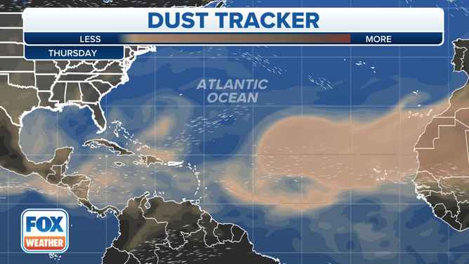 Saharan dust is depicted by the brown shadings stretching from western Africa across the Atlantic.