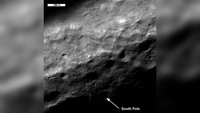 This September 2009 image shows the moon moving into the southern summer and the region around the south pole captured by the Lunar Reconnaissance Orbiter Camera. 