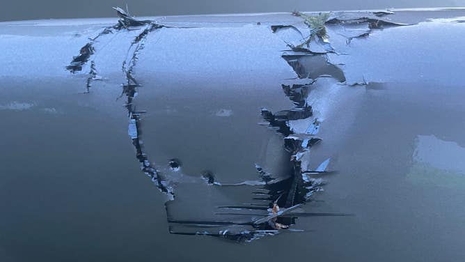 Bite marks on Eugene Janssen's rowing boat from a gator he encountered in Oyster Creek, TX.