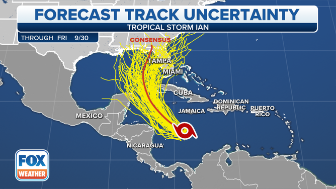 The future course of Tropical Storm Ian remains highly uncertain and unusual