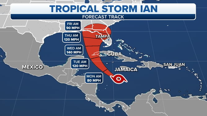 A map showing the latest forecast track for Tropical Storm Ian.
