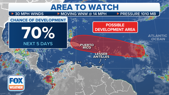 Map of Atlantic basin showing Tropical Disturbance near the Caribbean Islands