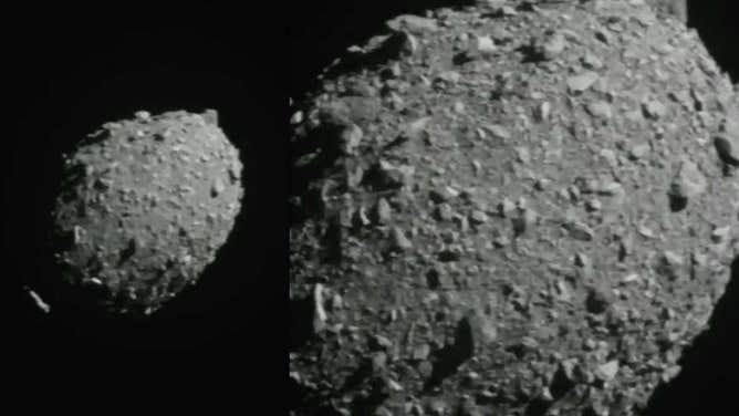 Asteroid Dimorphos as seen by NASA's DART spacecraft seconds before impact.