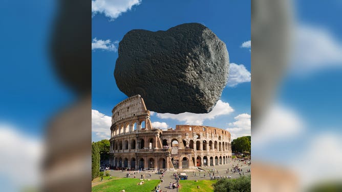 The Dimorphos asteroid to scale with Rome's Colosseum.
