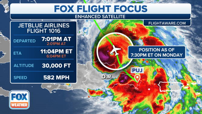 A map shows a JetBlue flight that flew over the eye of Hurricane Fiona as the tropical system pulled away from the Dominican Republic on Monday, Sept. 19, 2022.