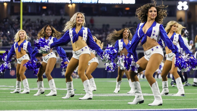 The Dallas Cowboys Cheerleaders perform during the game between the Dallas Cowboys and the Seattle Seahawks on August 26, 2022 in Dallas.