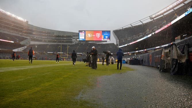 Heavy rain floods Soldier Field during Chicago Bears' season