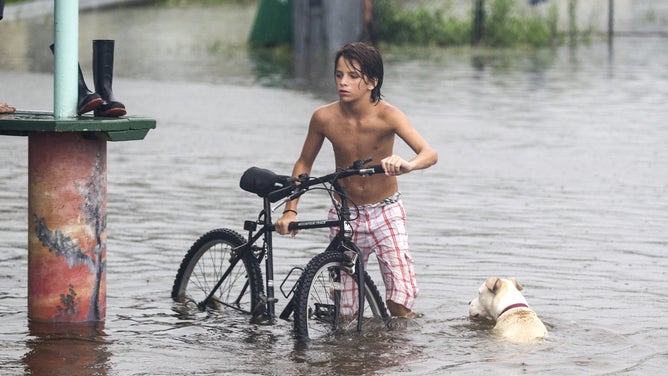 A young man and his dog wades in the storm surge from Hurricane Hermaine outside Cooter Stew Cafe on September 1, 2016 in Saint Marks, Florida.