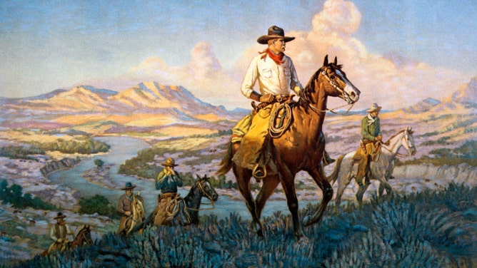 Cowboys on the Trail, Lithograph from Painting by R. Farrington Elwell. 