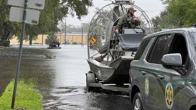 Hurricane Ian flooded areas in Kissimmee, Florida after dropping more than a foot of rain. First responders used air boats to rescue dozens from flooded homes in the Kissimmee area on Sept. 29, 2022.