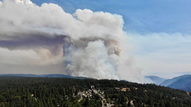 A massive smoke plume rises from the Mosquito Fire in Placer County, California.